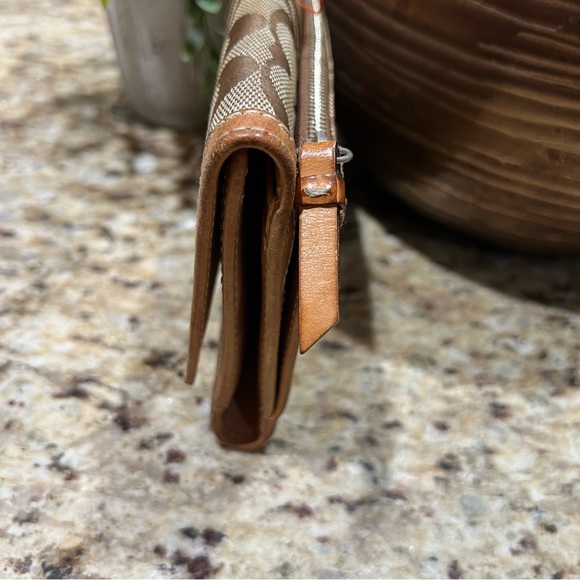 Coach Trifold Signature CC canvas Snap Front Tan Brown Leather Wallet - Picture 7 of 10